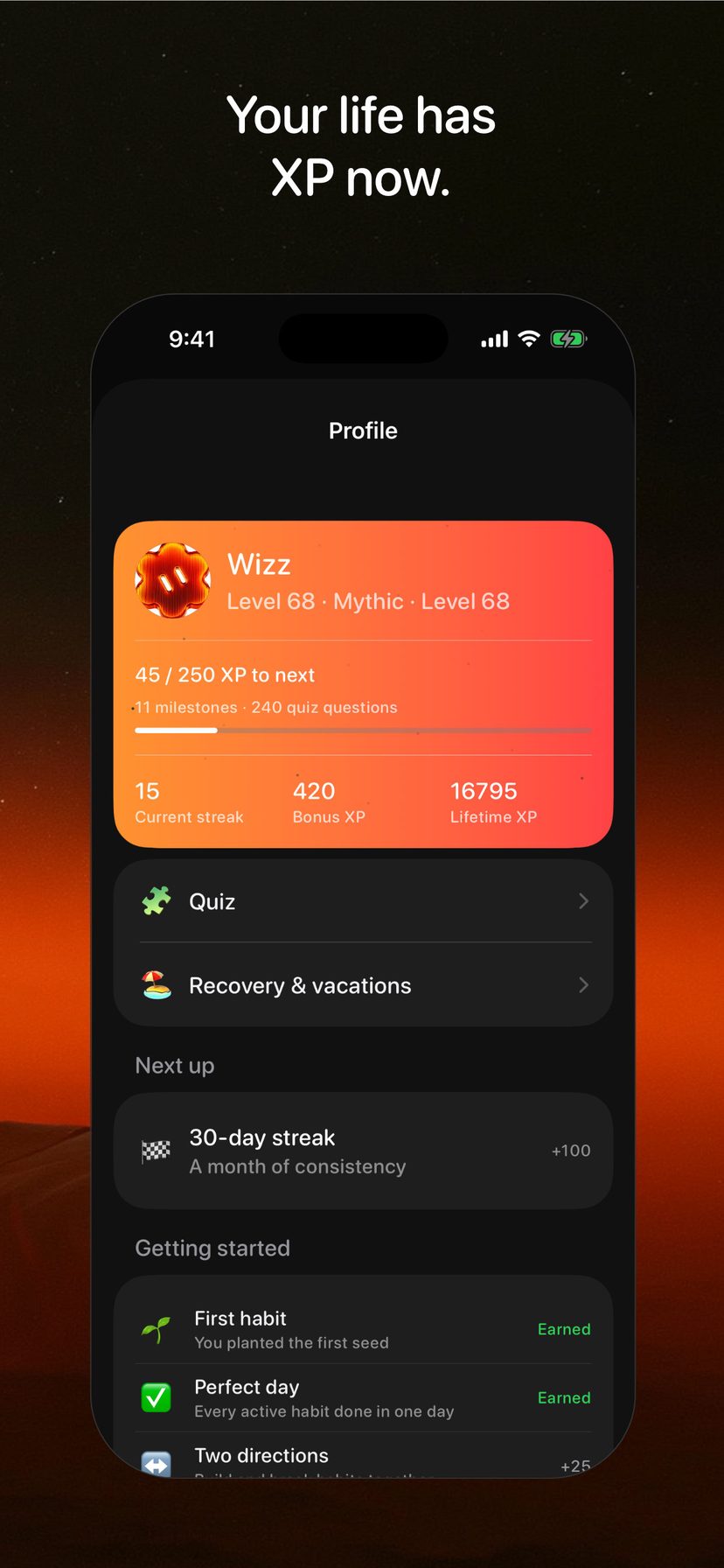 HabitWizz profile — levels, XP, and achievements.