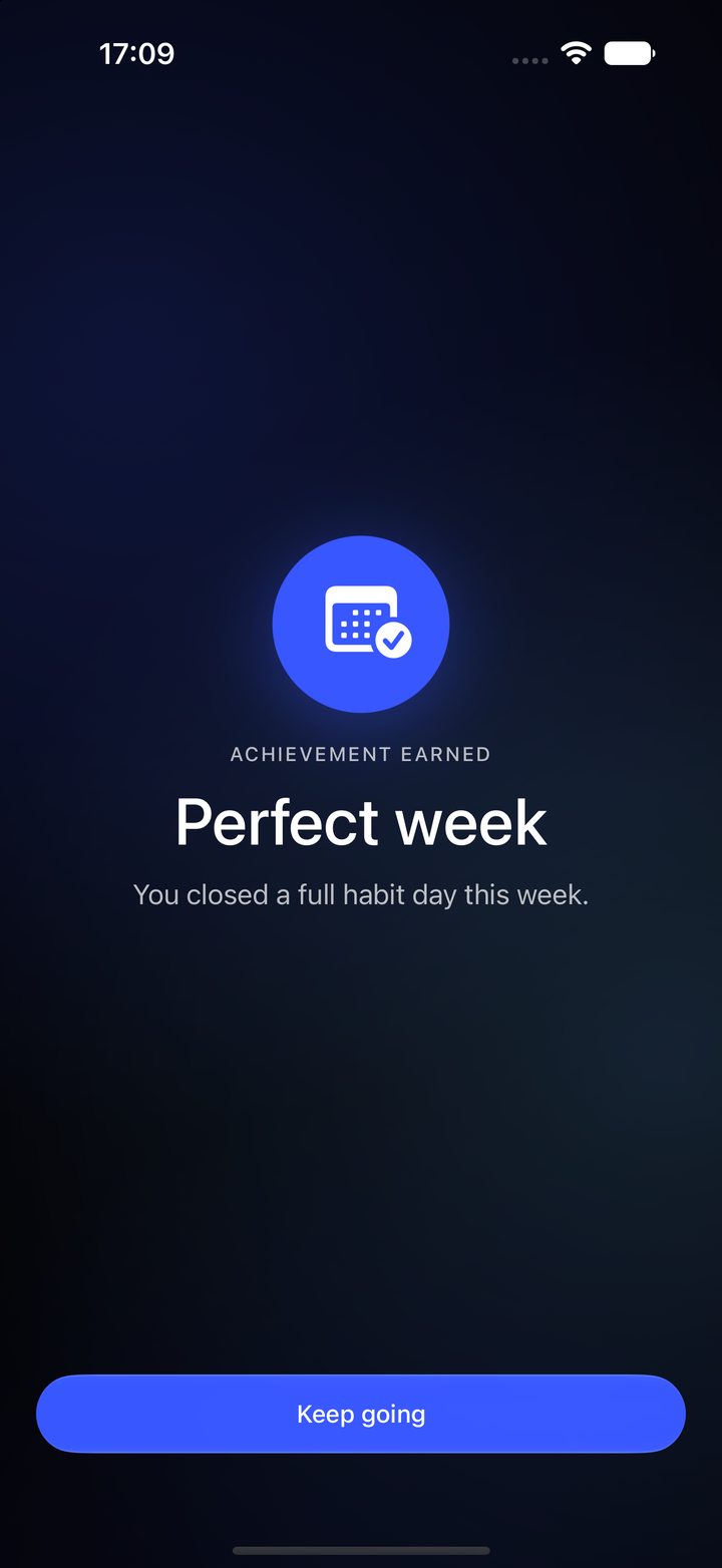 HabitWizz Perfect Week achievement unlock screen