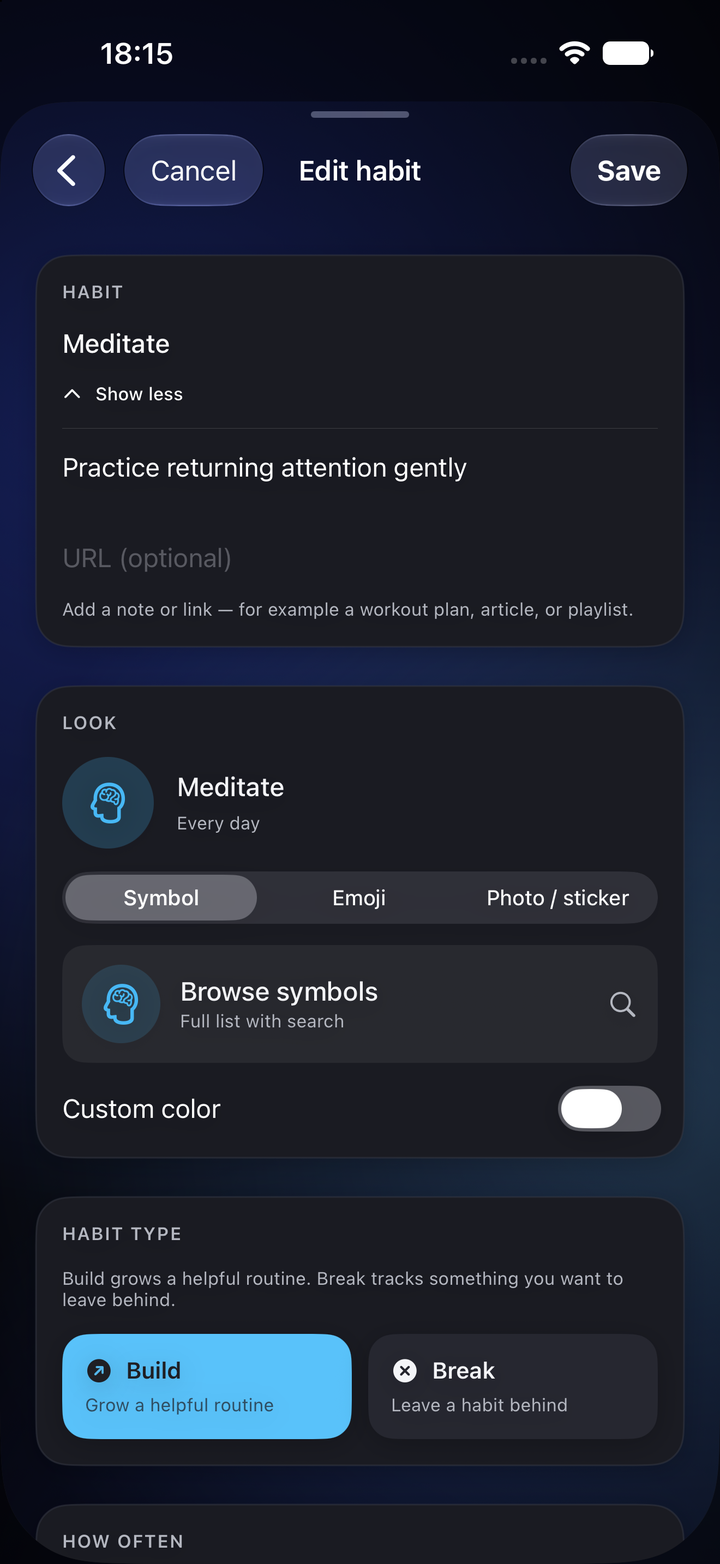 HabitWizz habit editor for goals, schedule and themes