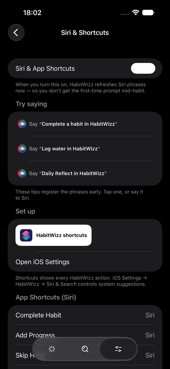 HabitWizz Siri Shortcuts integration for logging habits by voice